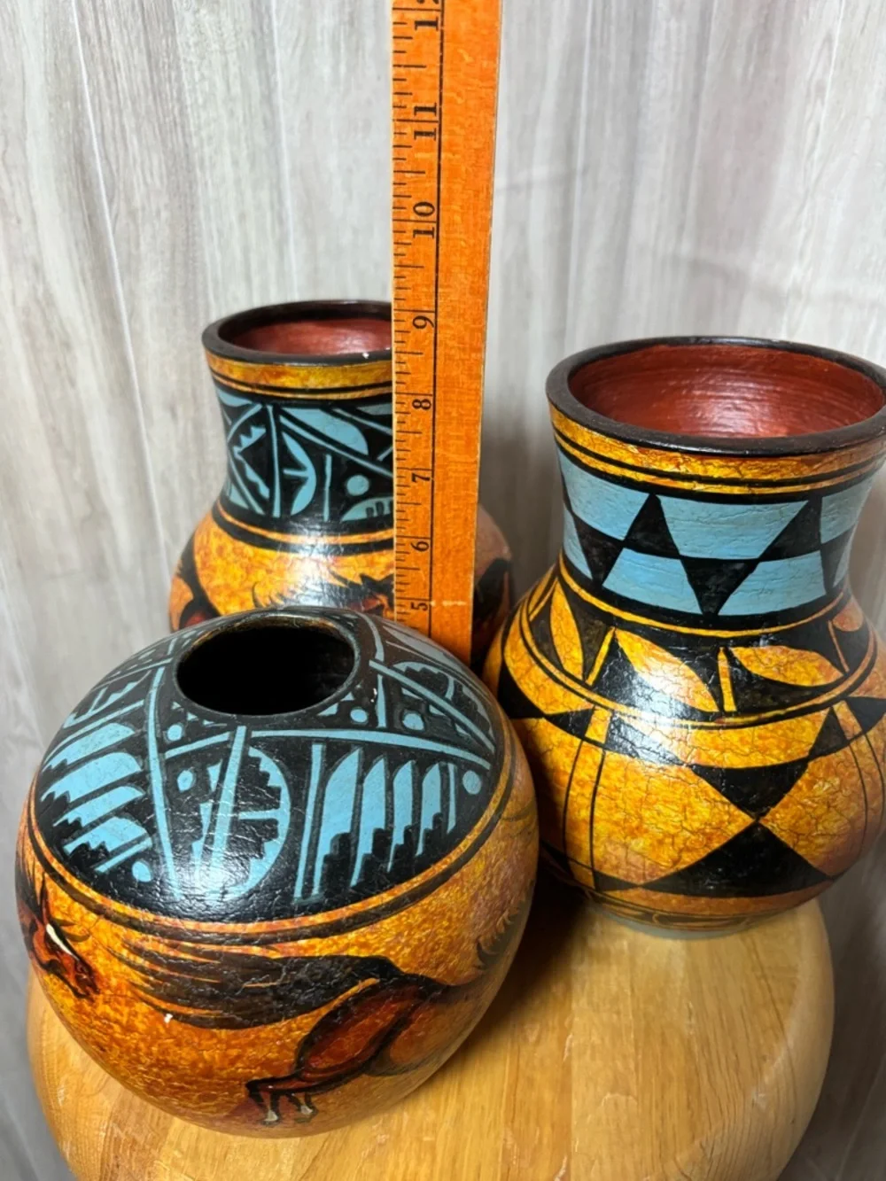 Solis Ollin Mexican Pottery Vases Hand painted Signed in Mexico Horses Cave Art